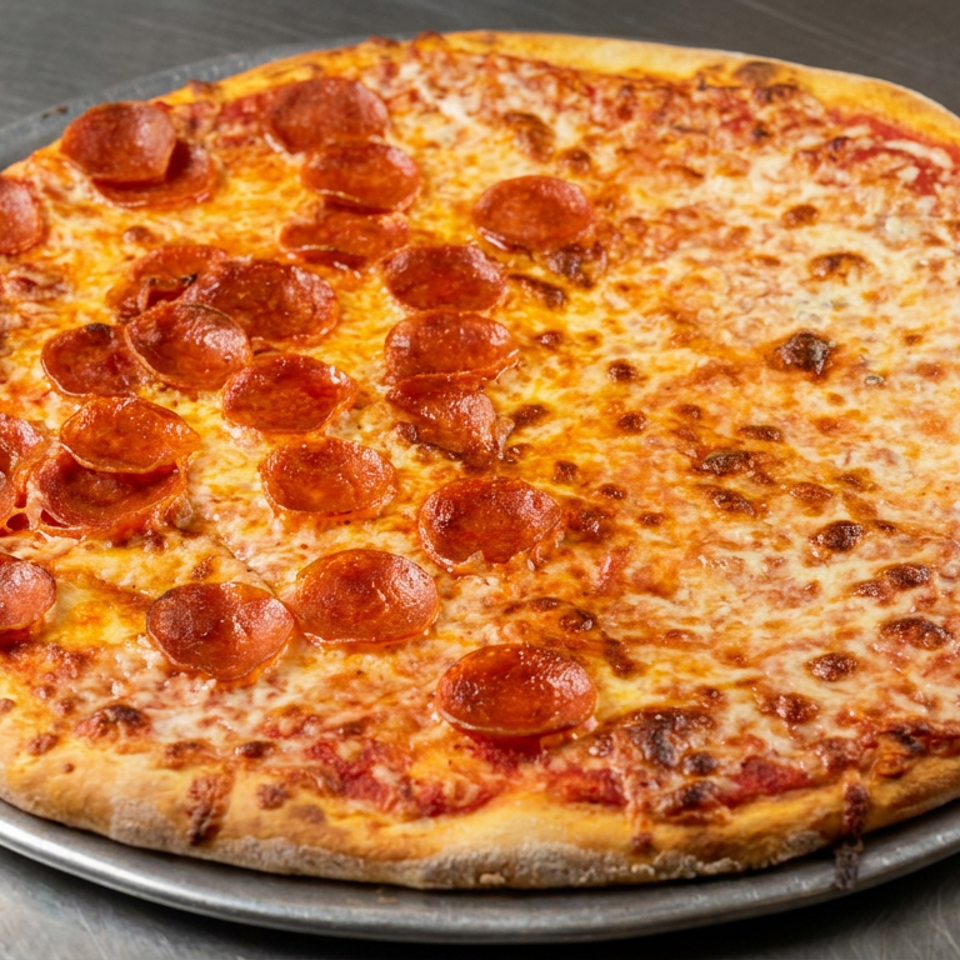 Large cheese pizza topped with pepperoni on one half, served on a metal tray atop a stainless-steel counter.