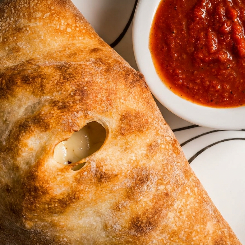 Golden-brown calzone with melted cheese showing through a vent, served with a bowl of red tomato dipping sauce.