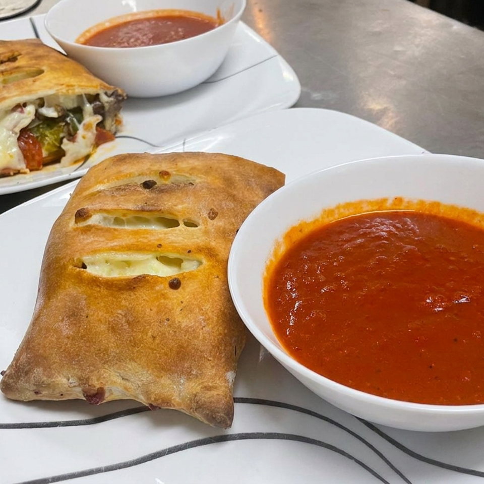 Two golden-brown calzones served with bowls of tomato dipping sauce on white plates atop a restaurant table.
