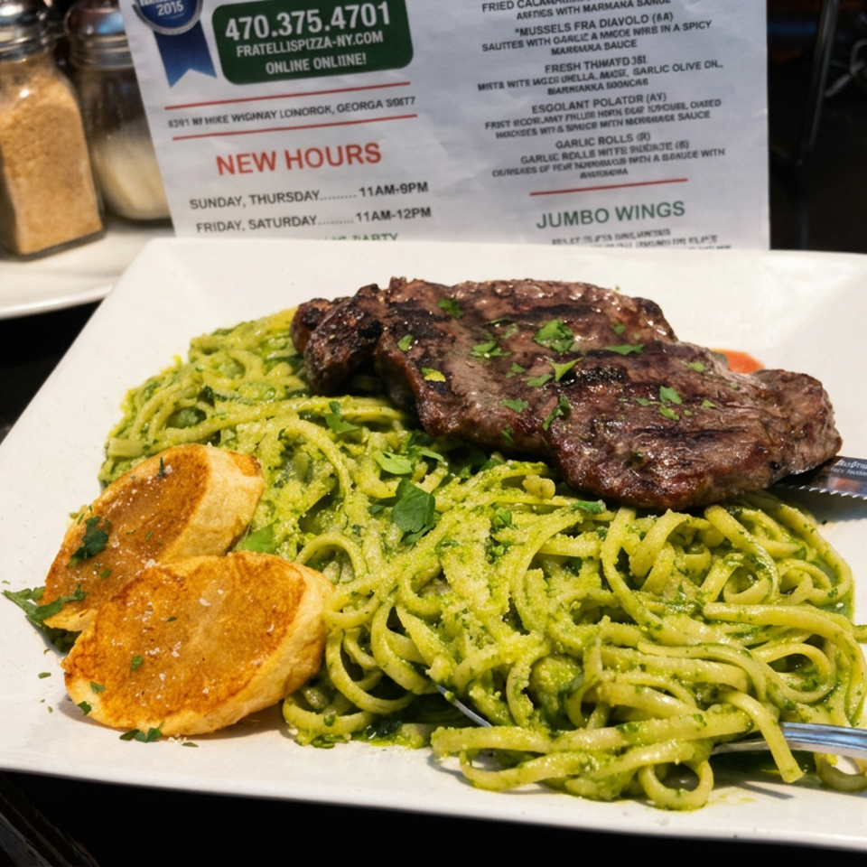 Grilled steak served over green pesto pasta with toasted bread on a white plate, alongside spices and an Inca Kola bottle.