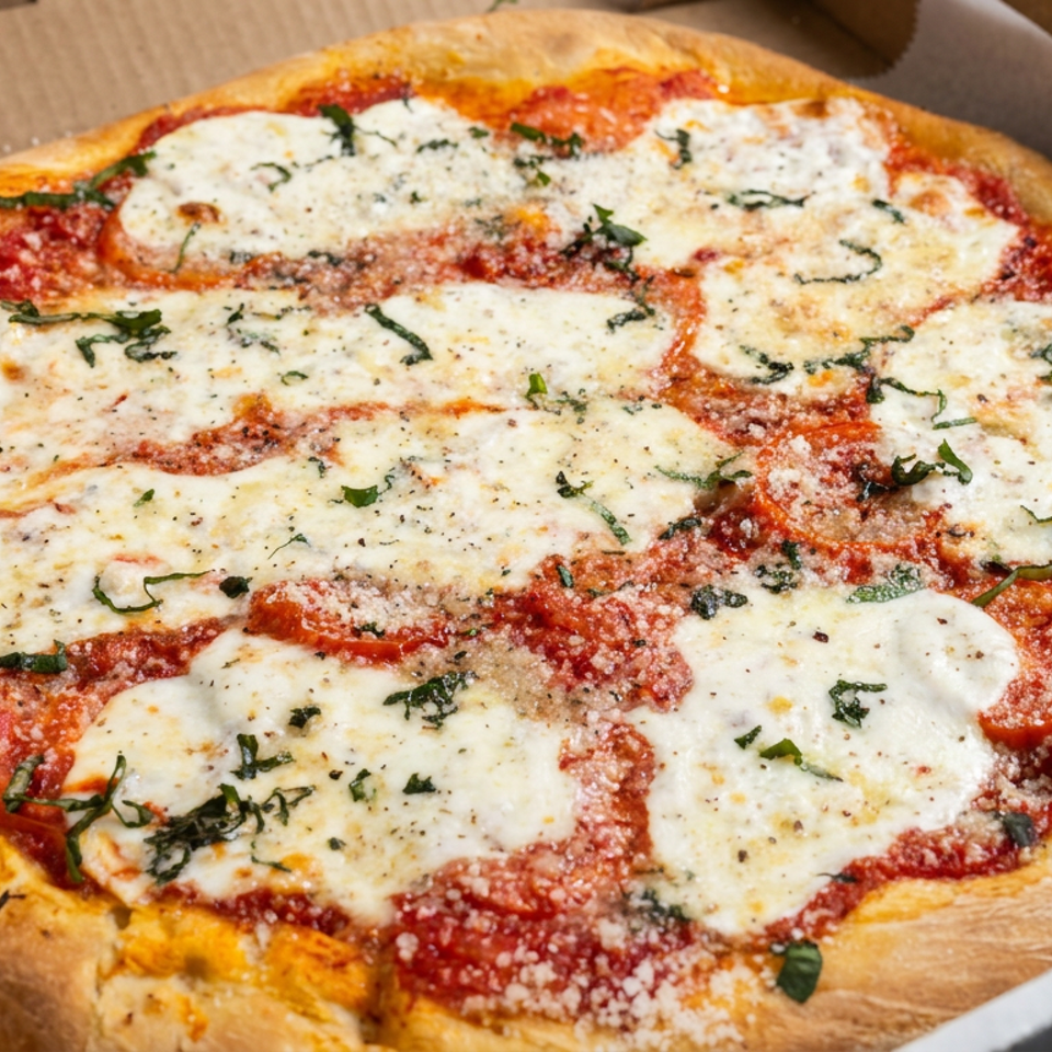 Margherita pizza with tomato sauce, melted mozzarella, fresh basil, and grated cheese in an open cardboard box.
